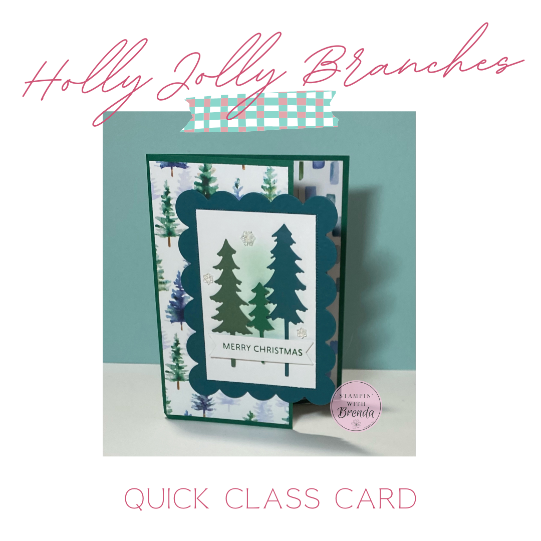 Scalloped Christmas Cheer Bundle handmade Christmas card featuring a Pretty Peacock scalloped die-cut panel, layered evergreen trees in Pretty Peacock and Shaded Spruce, soft ink blending, and sparkling snowflakes. Whispering Woods Designer Series Paper peeks out from the shortened card front, finished with a Merry Christmas sentiment.