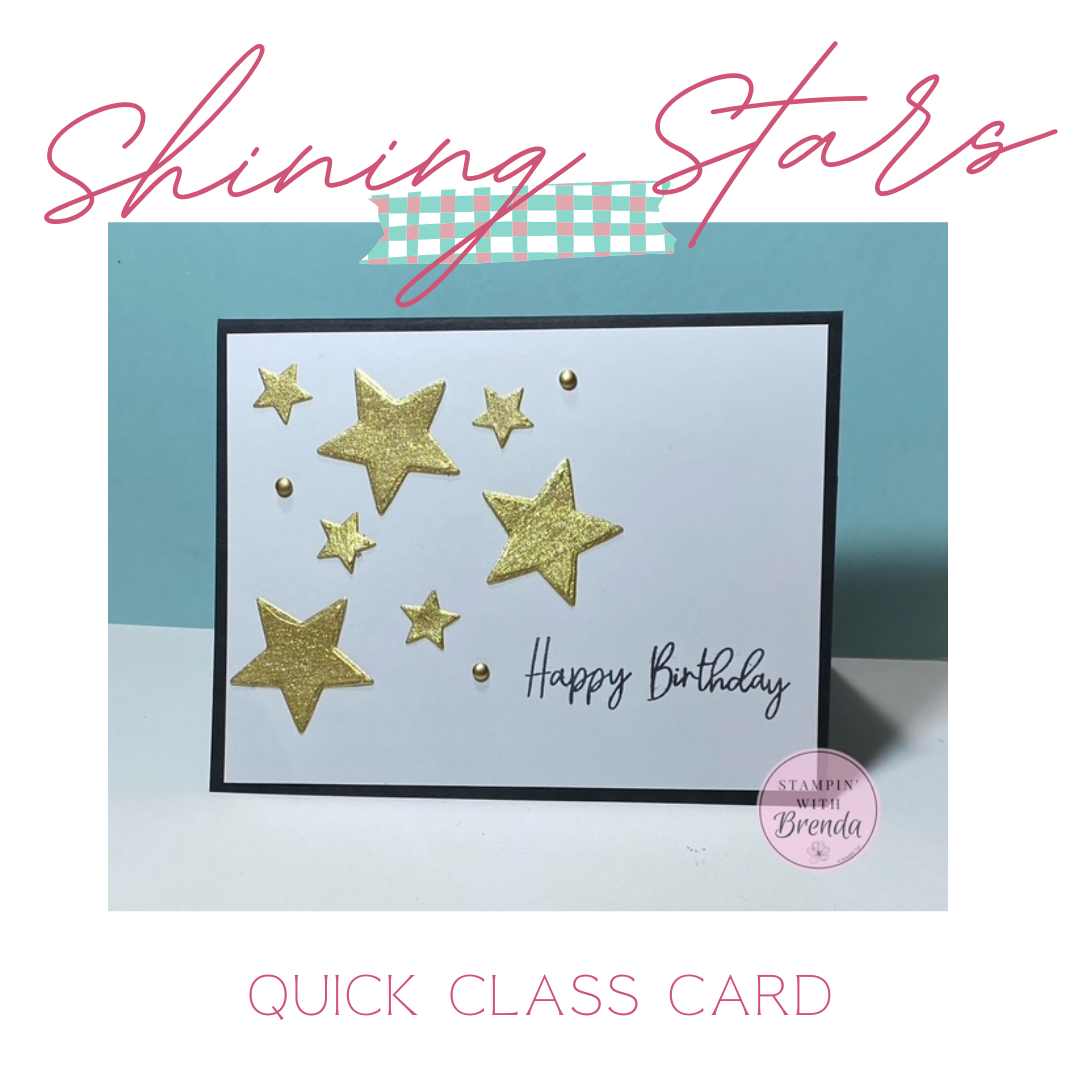Shining Stars Dies by Stampin' Up! featured on a handmade black and gold birthday card. Seven metallic gold stars in assorted sizes are arranged on a White Willow cardstock panel with a Happy Birthday sentiment stamped in black and coordinating Gold Adhesive-Backed Dots.